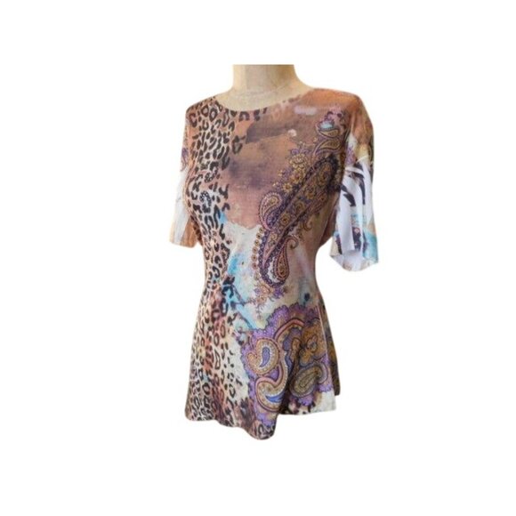 Jess & Jane Size S Small A Asym Bling Boho Knit artsy Print Top - Picture 2 of 2
